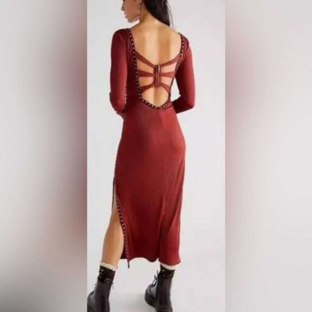 Free People NWT Square Neck Bronze Studded Simone Wine Bordeaux Midi Dress in XL - Picture 2 of 9